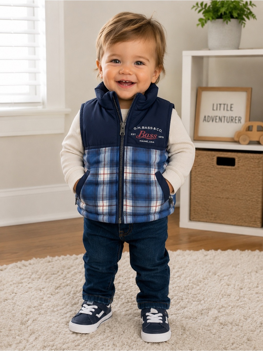 G.H. Bass & Co. Navy and Light Blue Plaid Puffer Vest
